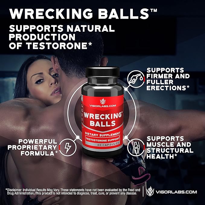 Wrecking Balls (60 Capsules), Supports The Natural Production of Essential Male Hormones by Your Body to Support Fuller Drive, Male Vitality, and Increased Stamina. (Made in The USA)