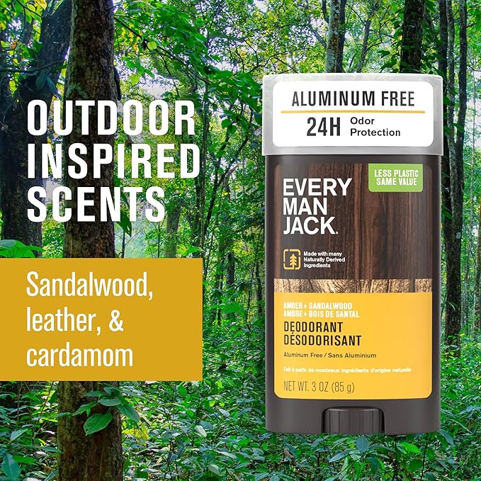 Every Man Jack Amber + Sandalwood Men’s Deodorant - Stay Fresh with Aluminum Free Deodorant For all Skin Types - Odor Crushing, Long Lasting, with Naturally Derived Ingredients - 3oz (2 Pack)