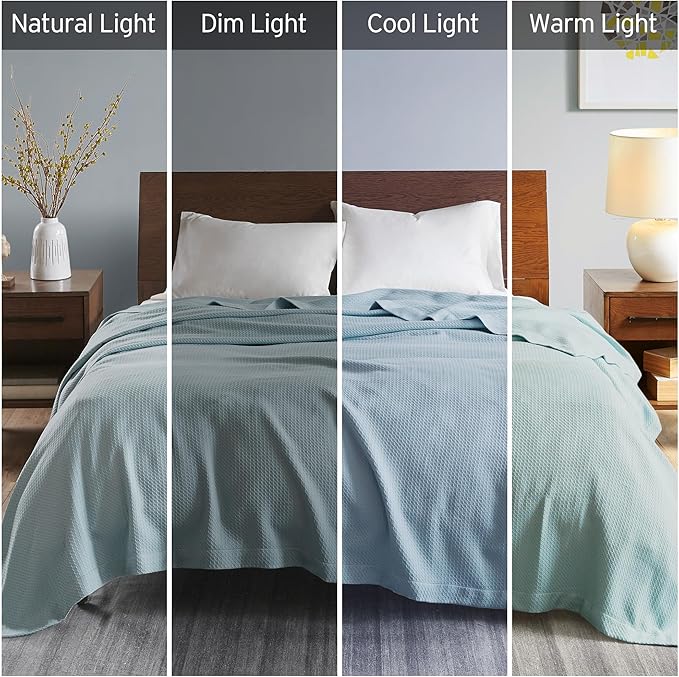 Madison Park Soft Certified 100% Egyptian Cotton Breathable Cozy Blanket, Premium Waffle Knit Classic Design, Luxury All Season Lightweight Cover for Bed, Couch and Sofa, Light Blue King(108"x90")