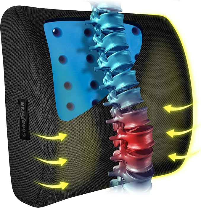 Goodyear Pure Memory Lumbar Support Pillow – Premium Memory Foam Back Support Cushion for Office Chair, Car Seat & Recliner – Ergonomic Lower Back Relief, Breathable, Cooling, Adjustable Strap