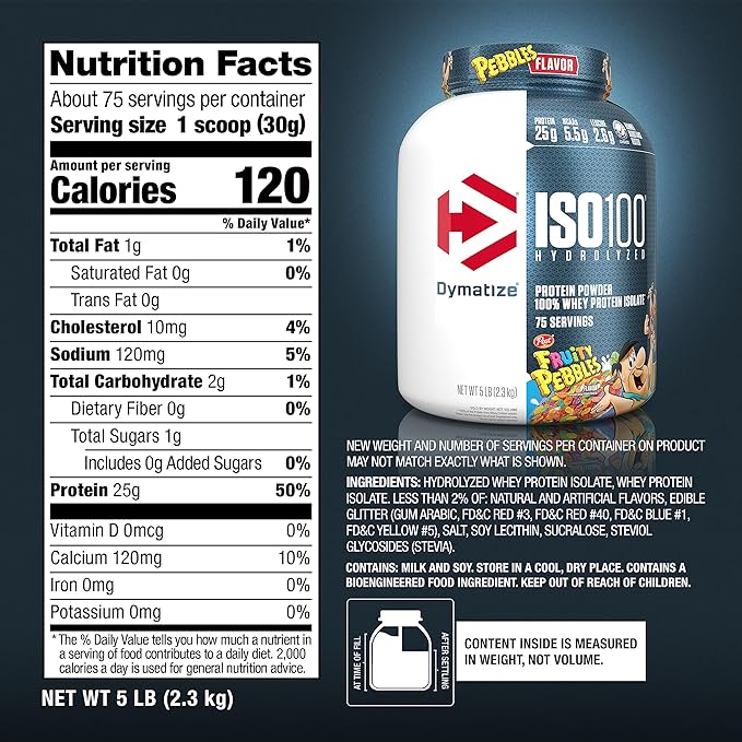 Dymatize x Fruity Pebbles ISO100 Whey Protein Powder Isolate, 25g of Protein, 75 Servings, 5.5g BCAAs, 120 Cal., Gluten Free, 1g Fat, 1g Sugar, 2g Carb