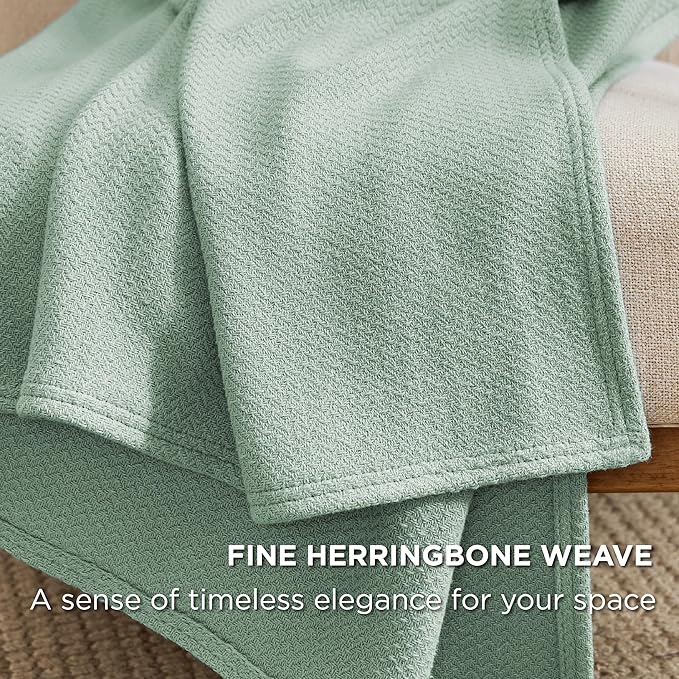 Bedsure 100% Cotton Blanket King Size for Bed - Breathable and Lightweight, Soft Cozy Textured Herringbone Woven Blanket for Summer Spring, Sage Green, 108x90 inches