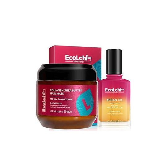 Ecolchi Hair Mask Argan Oil Set Deep Repair Conditioning Collagen Treatment for Dry and Damaged All Types 550ml+60ml 18.6floz + 2floz